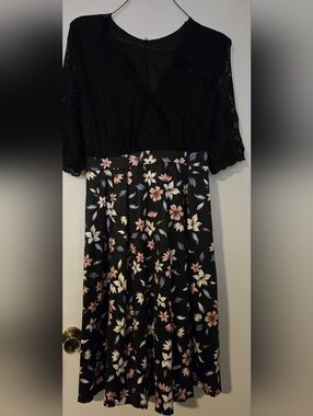 Black Lace Bodice Floral Midi Dress - Black with Pink & Cream Flowers